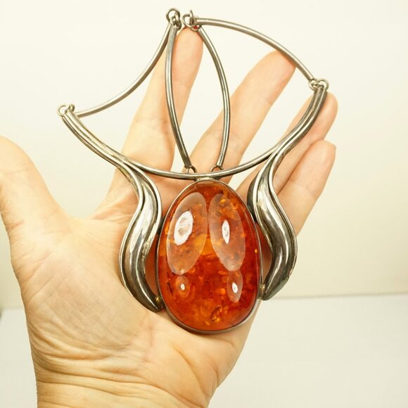 Giant Amber Link Necklace Set In 925 Silver - One-Of-A-Kind Artisan Jewelry - Picture 1 of 14